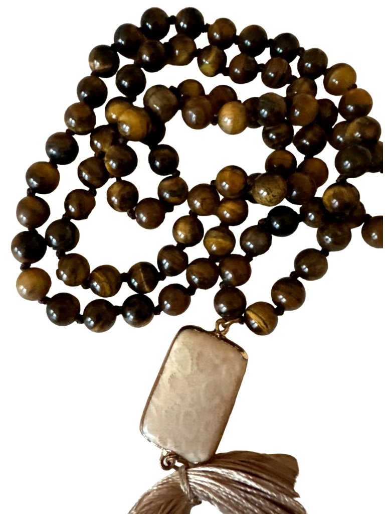 Vintage Fossil Coral Tiger Eye Necklace Beads Pendant 10k Agatized Stone